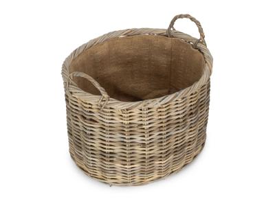 LARGE OVAL RATTAN STORAGE/LOG BASKET with HESSIAN LINING