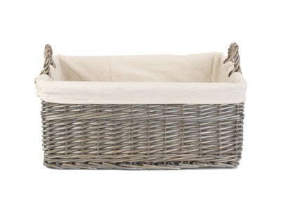 LARGE SHALLOW ANTIQUE WASH STORAGE BASKET with WHITE LINING