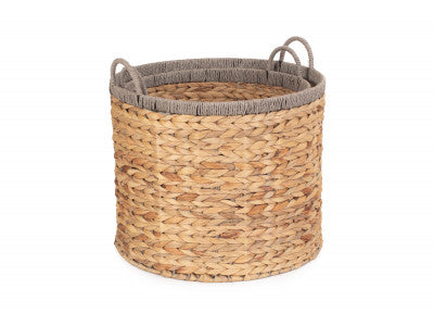 ROUND WATER HYACINTH STORAGE BASKETS with GREY ROPE BORDER SET 2