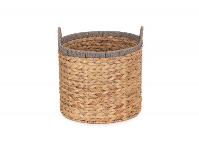 SMALL ROUND WATER HYACINTH STORAGE BASKET with GREY ROPE BORDER