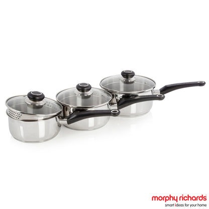 5011832044587 MORPHY Equip 3 Piece Stainless Steel Saucepan Set 970003 Brambles Cookshop 1