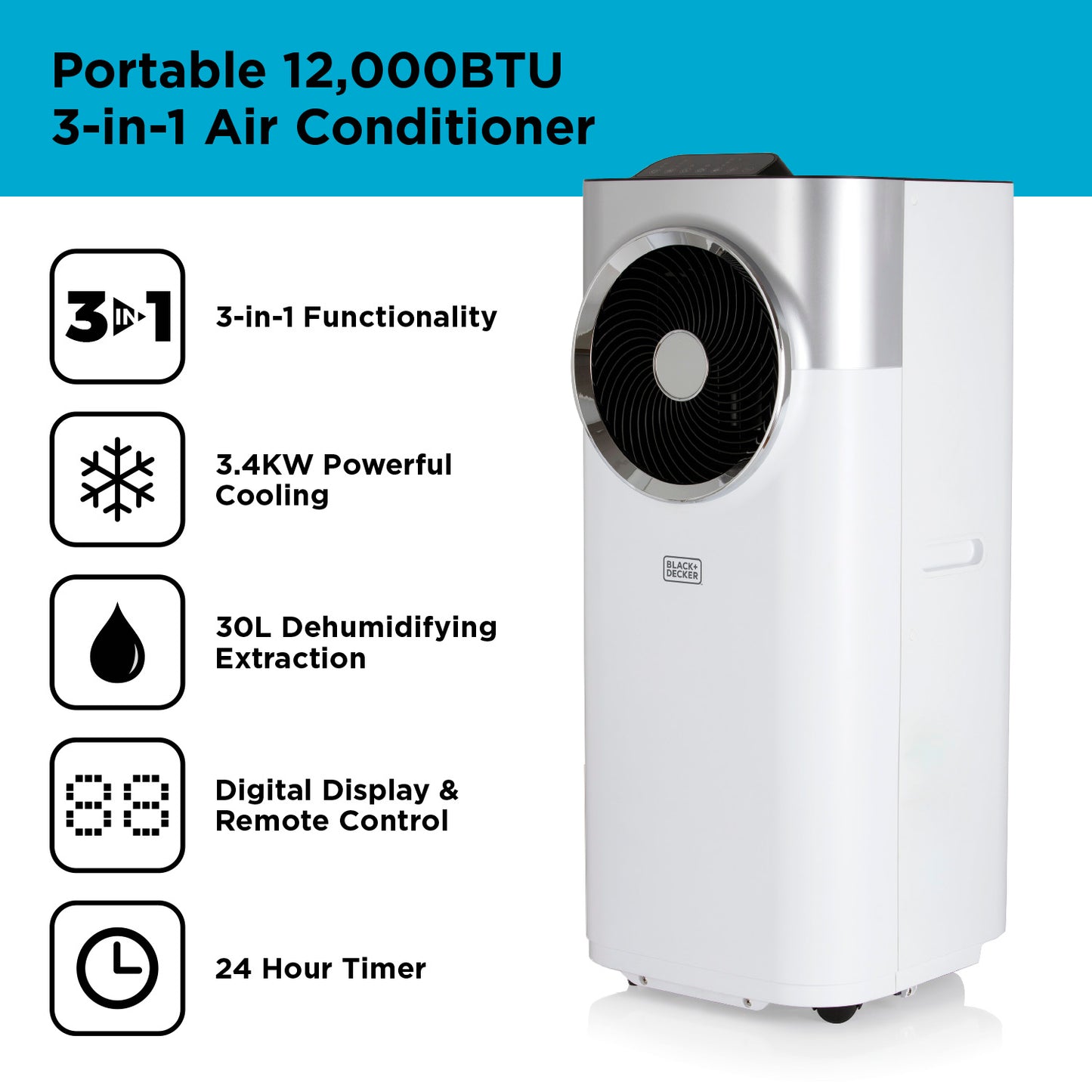 5056032959927 Black & Decker Portable 12000 BTU 3-in-1 Air Conditioner White BXAC40008GB Brambles Cookshop 2