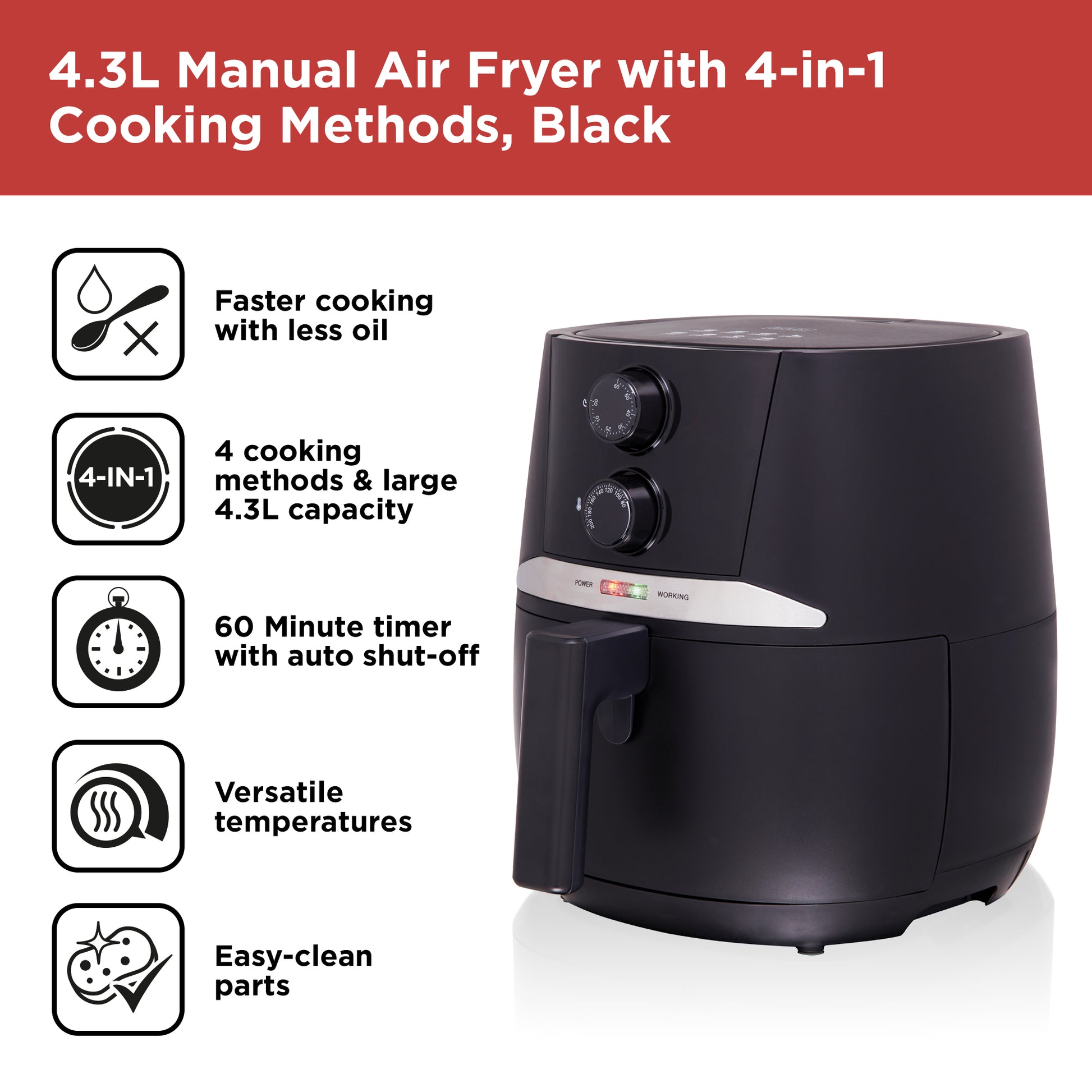 5056462360119 Black & Decker 4.3L Manual Air Fryer Black BXAF17091GB Brambles Cookshop 2