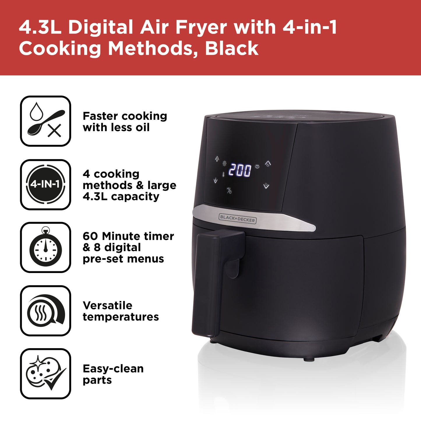 5056462360256 Black & Decker 4.3L Digital Air Fryer Black BXAF17092GB Brambles Cookshop 2