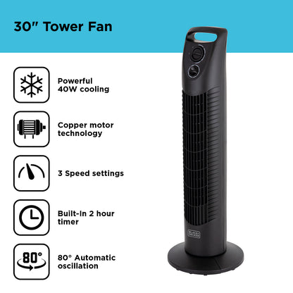 5056032960497 Black & Decker 30 Inch Tower Fan with 2 Hour Timer in Black BXFT50002GB Brambles Cookshop 2