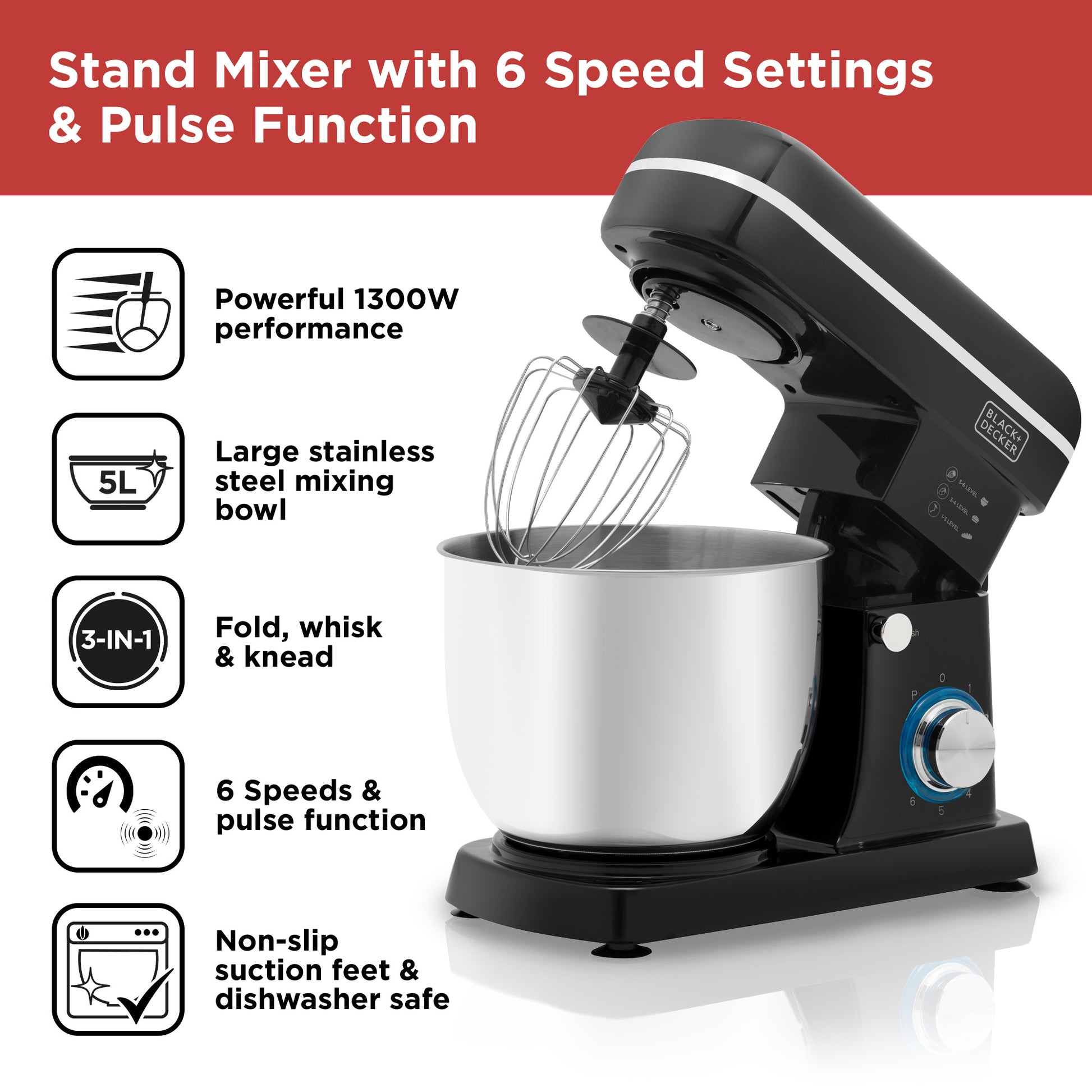 5056462309743 Black & Decker 1300W Stand Mixer Black with Chrome Accents BXMX12054GB Brambles Cookshop 2