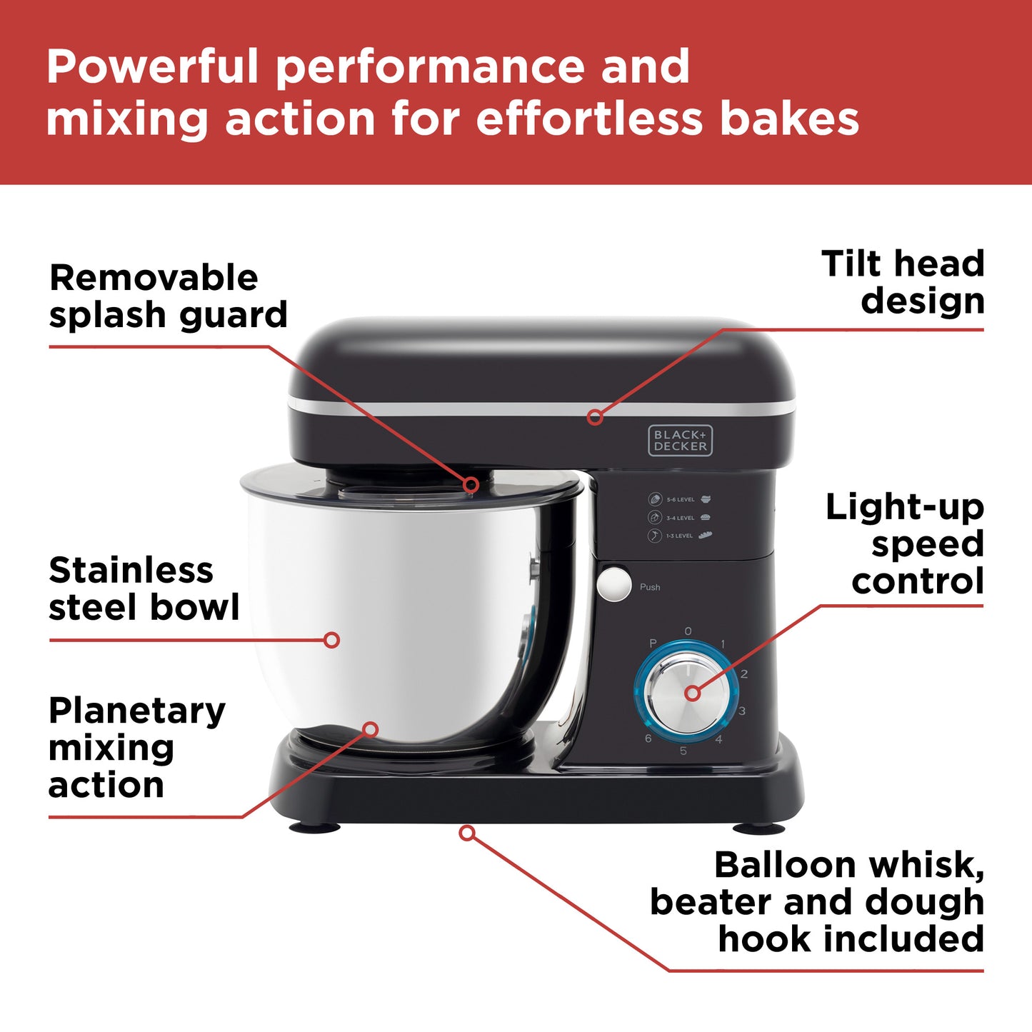 5056462309743 Black & Decker 1300W Stand Mixer Black with Chrome Accents BXMX12054GB Brambles Cookshop 8