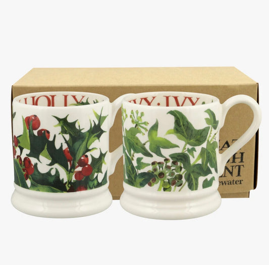 Emma Bridgewater Holly & Ivy Set Of 2 Half Pint Mugs Boxed