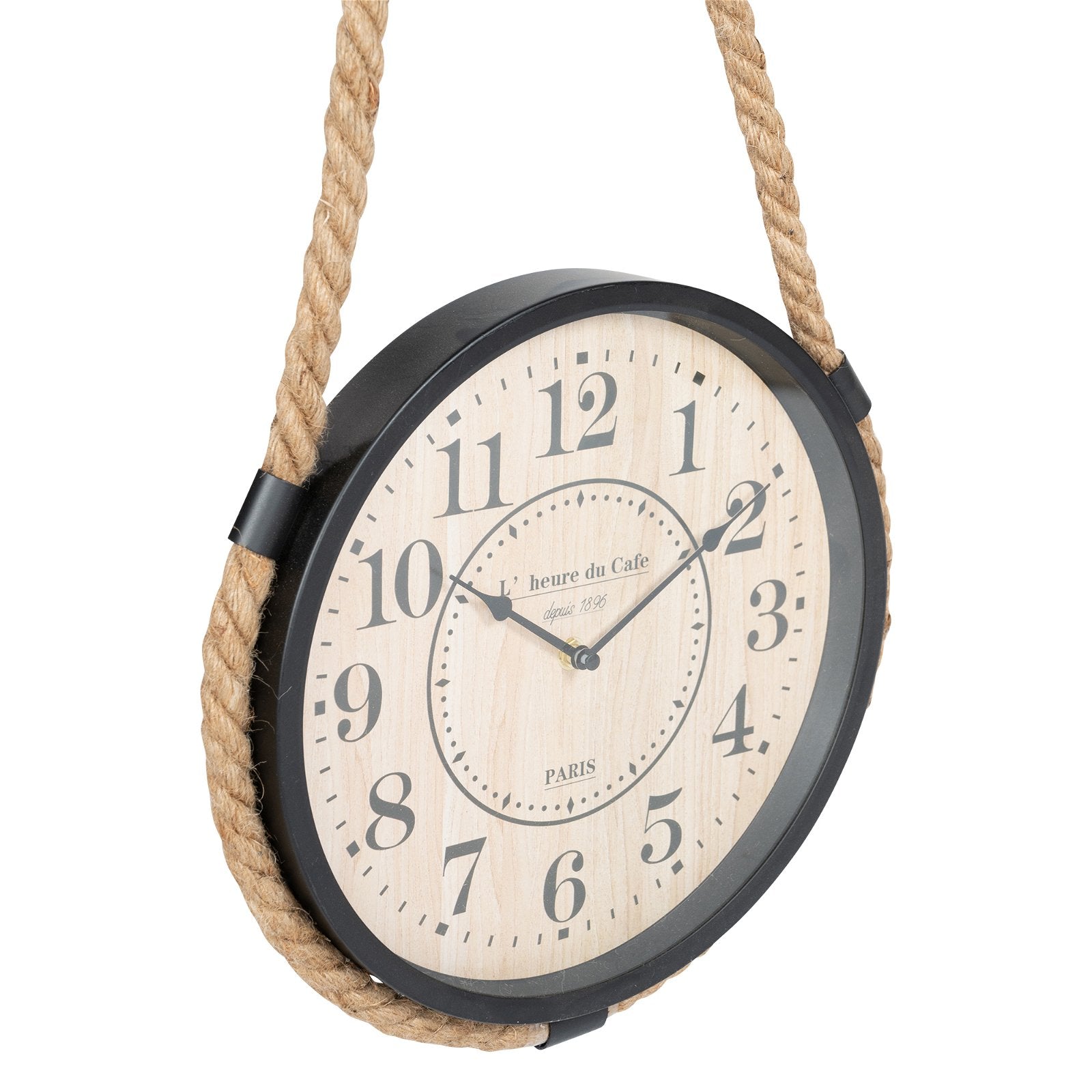 5024418357353 Geko Industrial Hanging Rope Round Black Metal Clock 30cm Diameter brambles cookshop 615