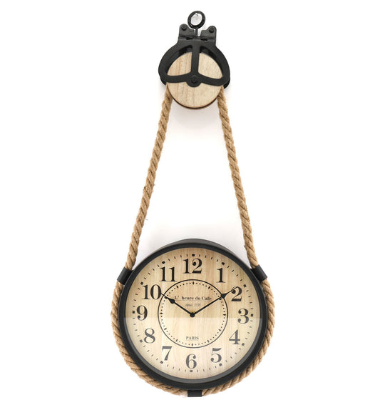 5024418357353 Geko Industrial Hanging Rope Round Black Metal Clock 30cm Diameter brambles cookshop 613