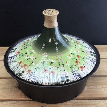 Netherton Foundry Meadow Flower Green stove top tagine and spun black iron bowl hand thrown and painted by Rachel Frost 5413346329547 NFS-105BTMFG