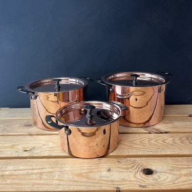 Netherton Foundry Copper Stockpot Set : 6, 7 and 8 inch spun stockpots with lids 5413346360250 NFS-392