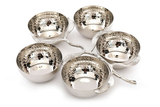 5024418352976 Geko Hammered Silver Metal Branch With 5 Snack Bowls 33cm - 10cm Bowls brambles cookshop 487