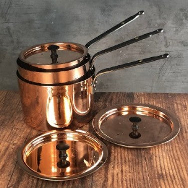 Netherton Foundry Copper pan set : 6, 7 and 8 inch spun saucepans with lids 5413346252135 NFS-287