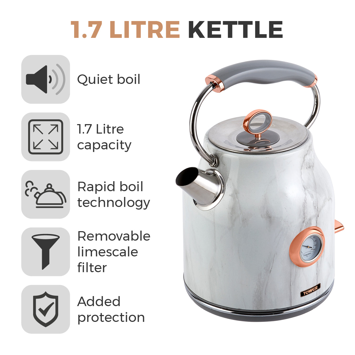 5056032938526 TOWER Bottega 3Kw 1.7L Stainless Steel Kettle Marble T10020WMRG Brambles Cookshop 2