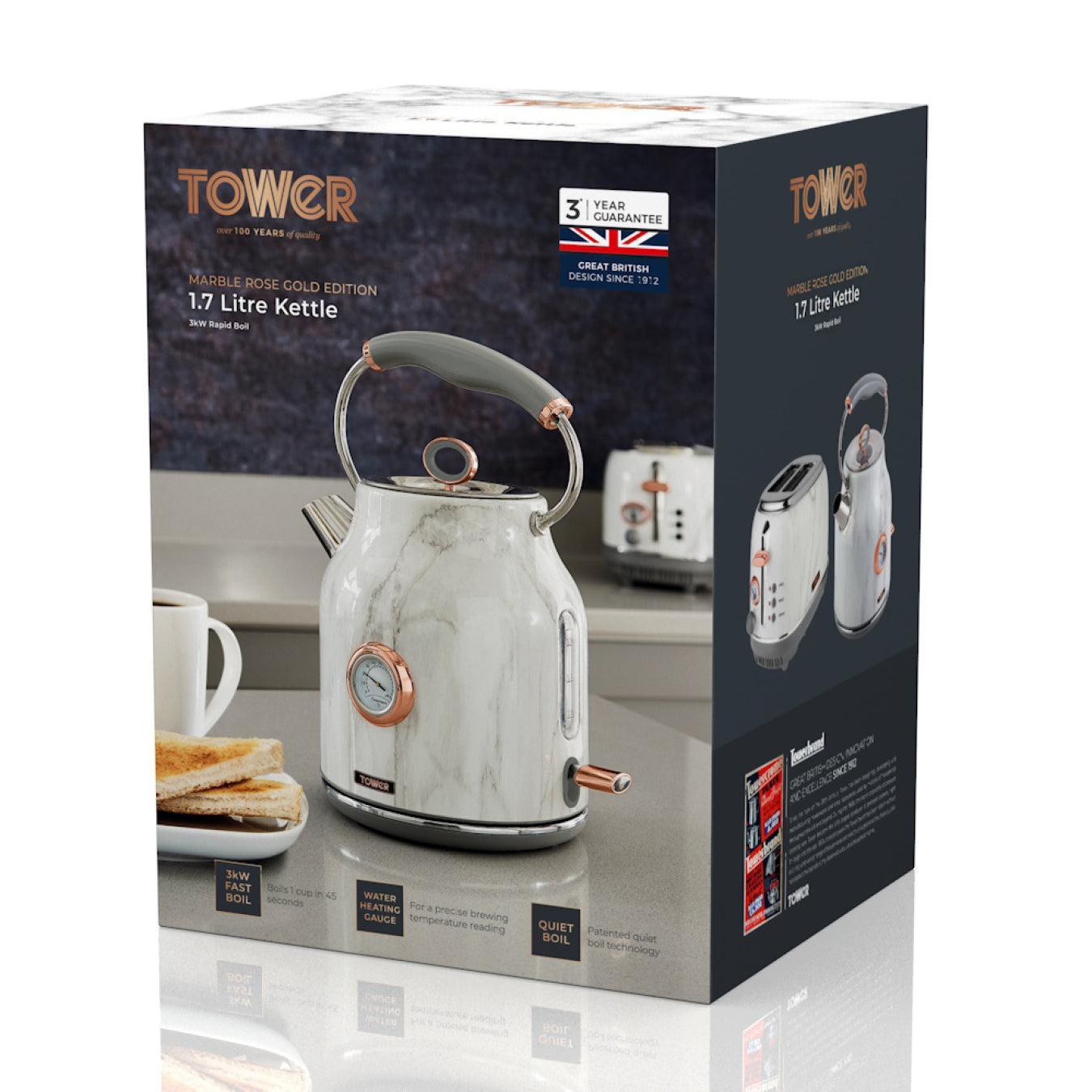 5056032938526 TOWER Bottega 3Kw 1.7L Stainless Steel Kettle Marble T10020WMRG Brambles Cookshop 10