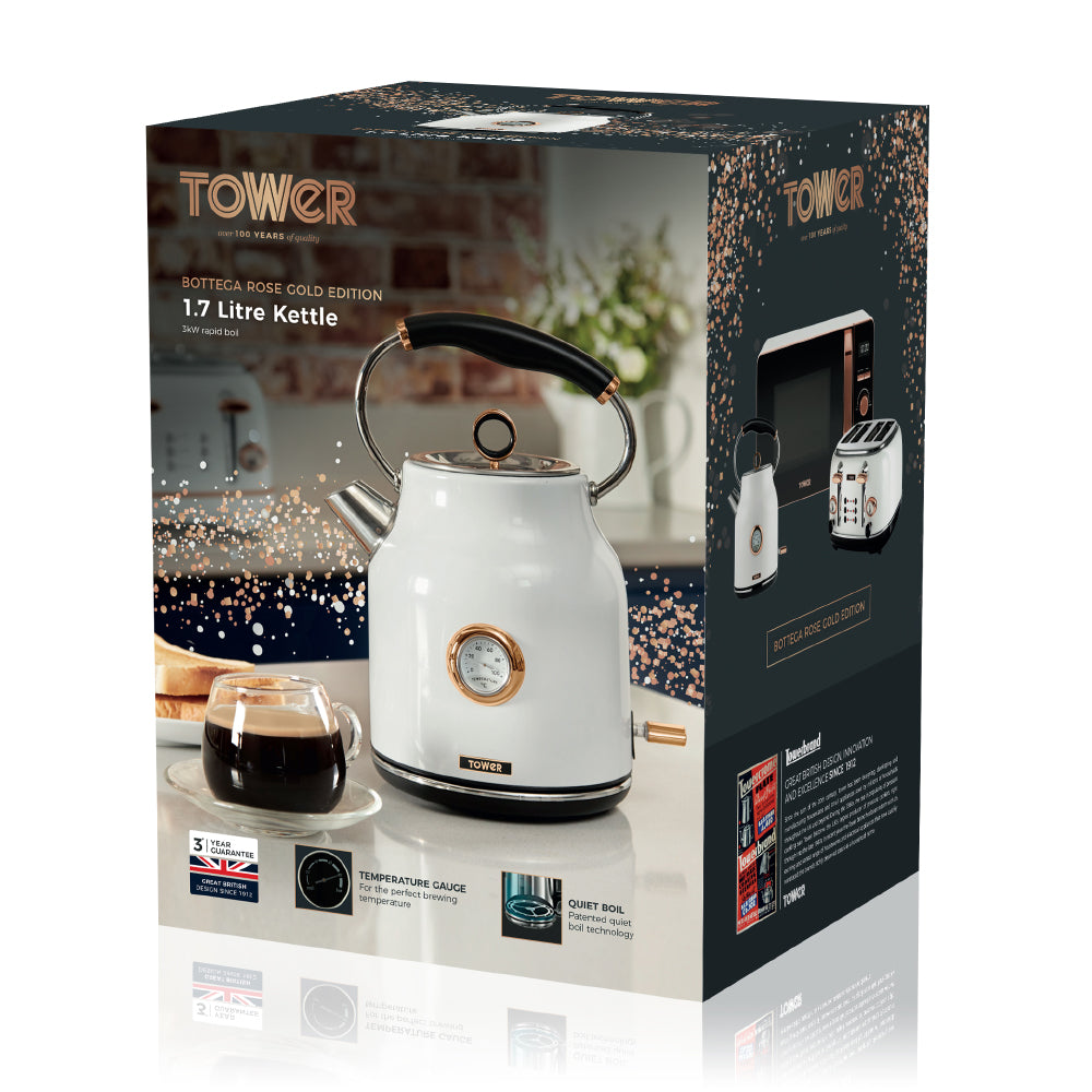 5056032924901 TOWER Bottega 3KW 1.7 Litre Stainless Steel Kettle White T10020W Brambles Cookshop 3