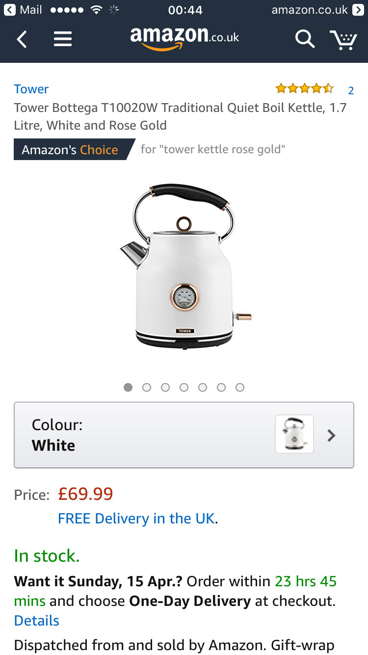 5056032924901 TOWER Bottega 3KW 1.7 Litre Stainless Steel Kettle White T10020W Brambles Cookshop 7