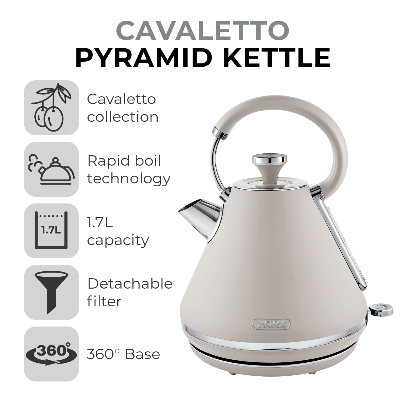 5056462343617 TOWER Cavaletto 1.7L Pyramid Kettle 3KW Latte Chrome Accents T10044MSH Brambles Cookshop 2