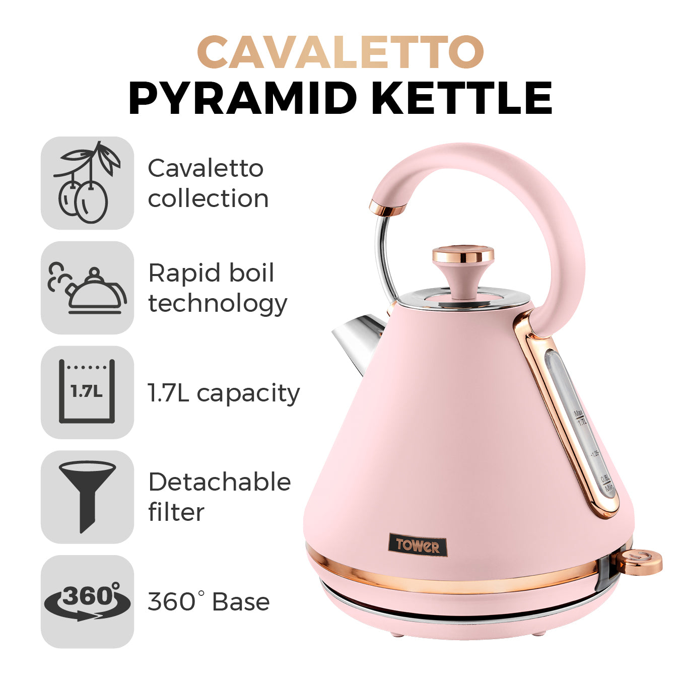 5056032976504 TOWER Cavaletto 3KW 1.7 Litre Pyramid Kettle with Rose Accents T10044PNK Brambles Cookshop 2