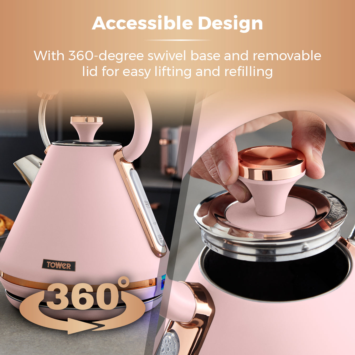 5056032976504 TOWER Cavaletto 3KW 1.7 Litre Pyramid Kettle with Rose Accents T10044PNK Brambles Cookshop 7