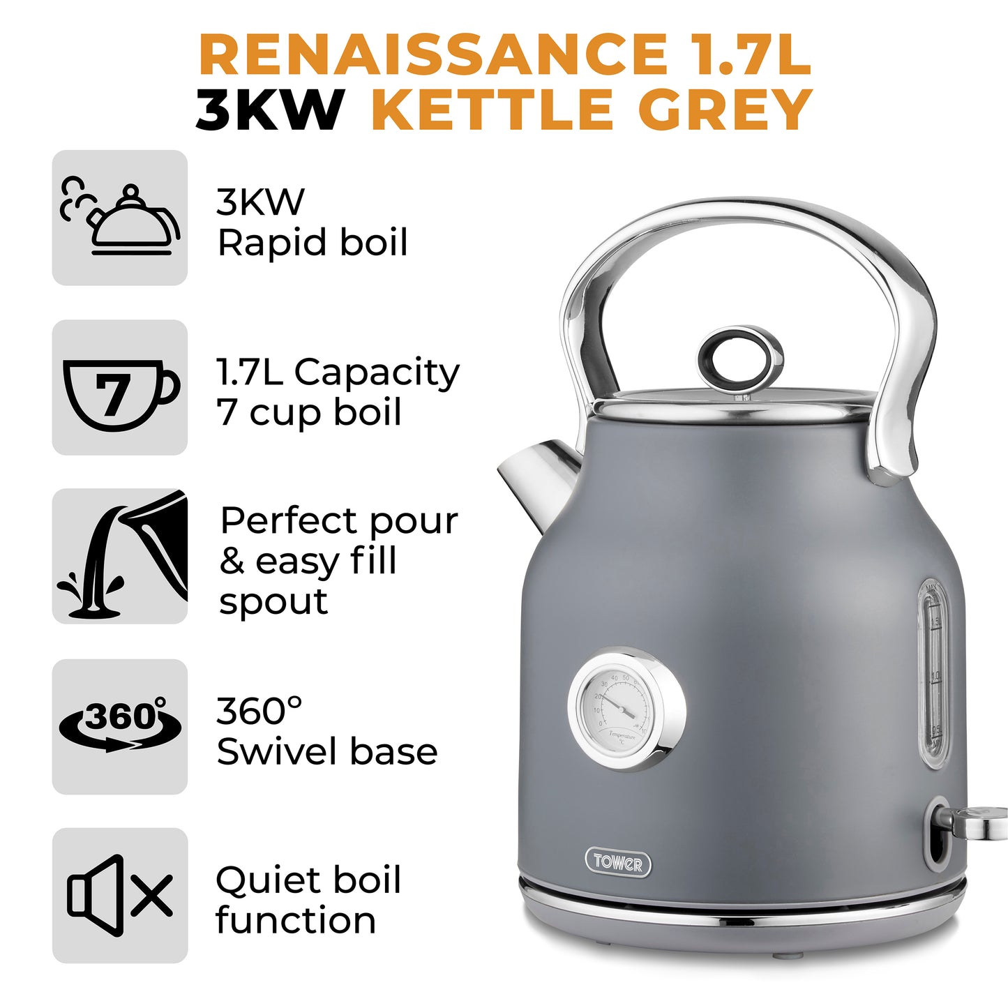 5056032991682 TOWER Renaissance 1.7 Litre 3KW Kettle Grey with Chrome T10063GRY Brambles Cookshop 2