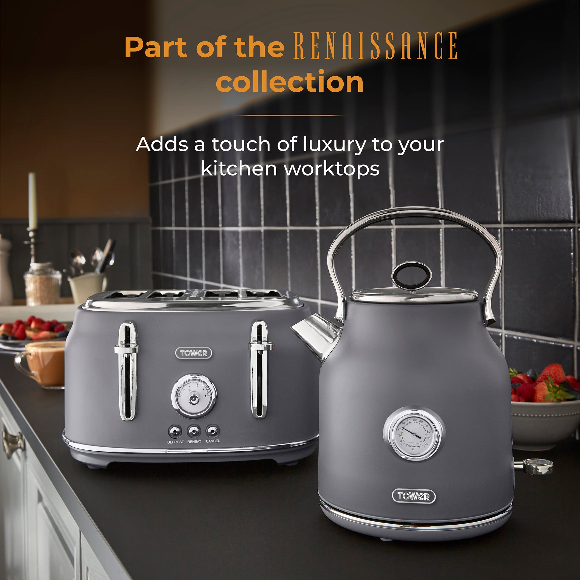 5056032991682 TOWER Renaissance 1.7 Litre 3KW Kettle Grey with Chrome T10063GRY Brambles Cookshop 7