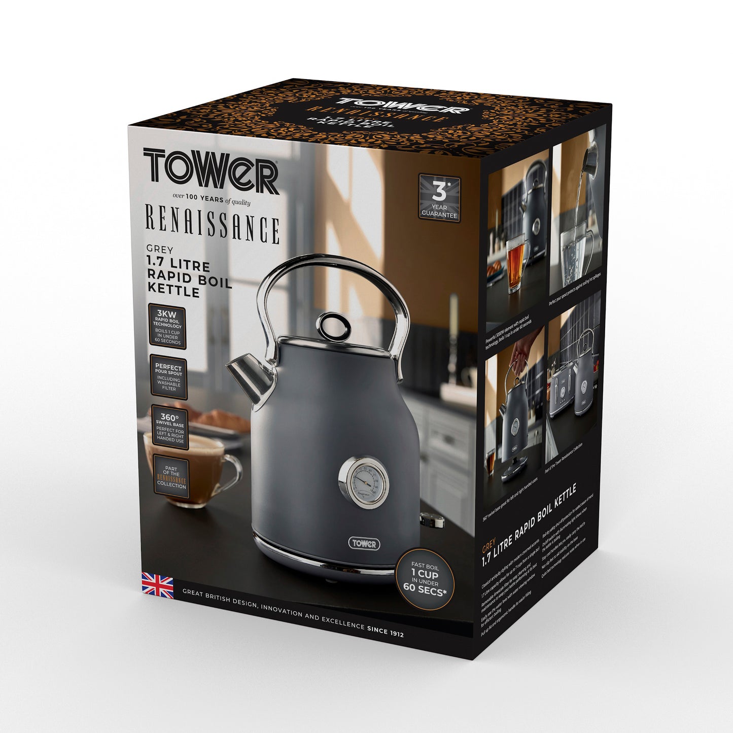 5056032991682 TOWER Renaissance 1.7 Litre 3KW Kettle Grey with Chrome T10063GRY Brambles Cookshop 9