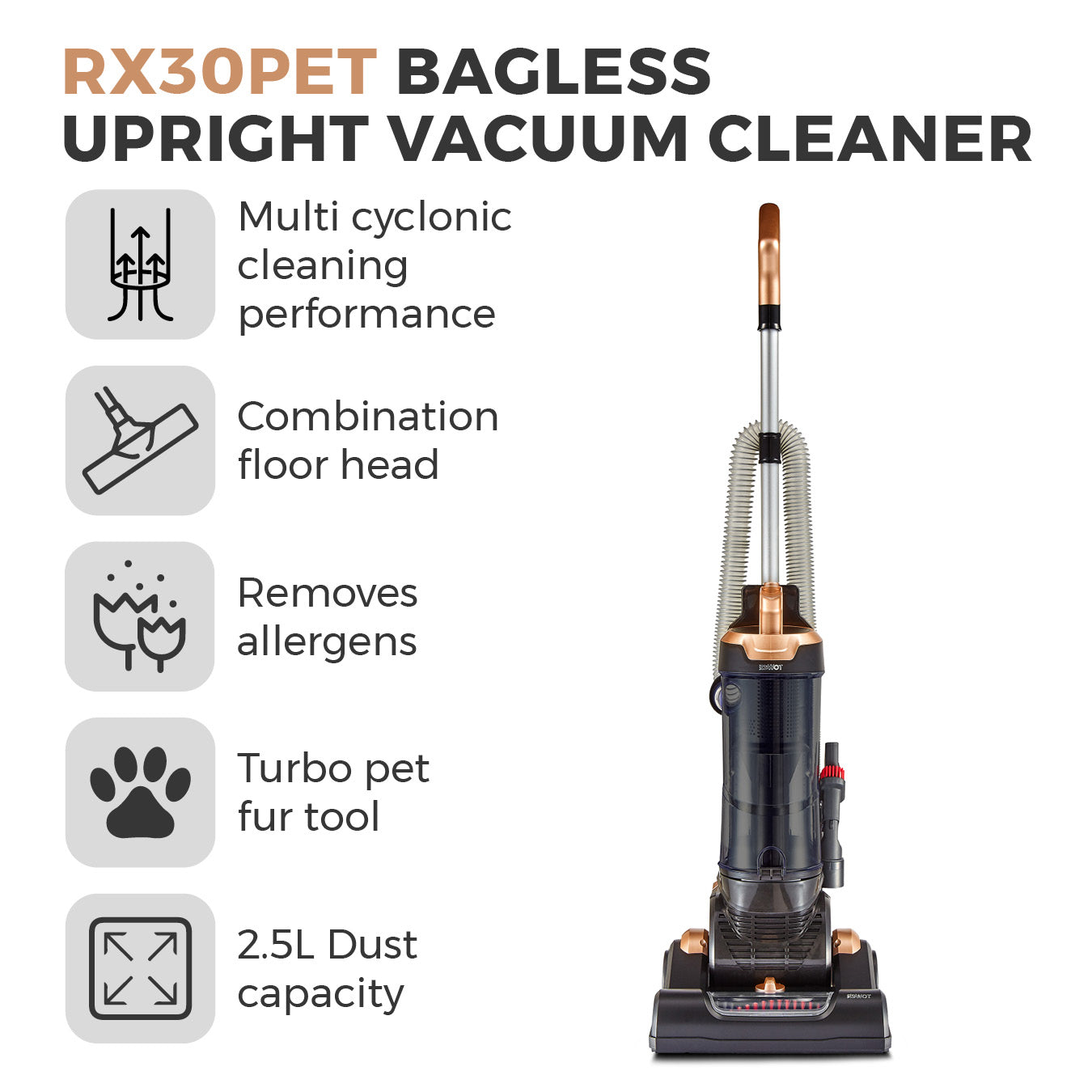 5056032987104 TOWER RXP30PET Bagless Upright Vacuum Cleaner T108000BLGPET Brambles Cookshop 2