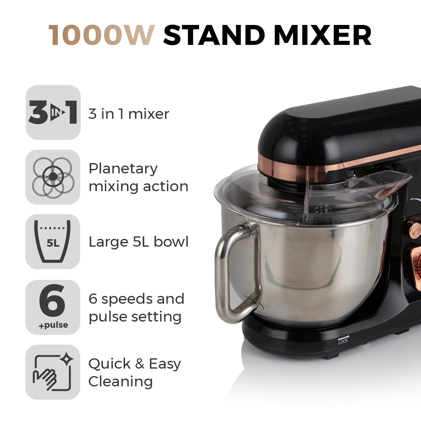 5056032941847 TOWER 1000W Stand Mixer With 5 Litre Stainless Steel Bowl T12033RG Brambles Cookshop 2