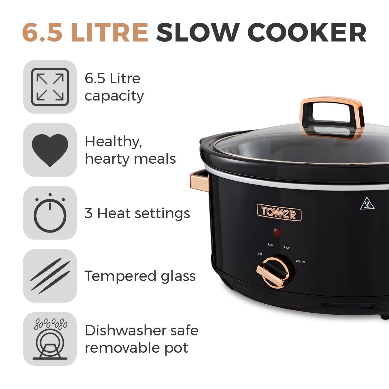 5056032984257 TOWER Rose Gold 6.5 Litre Slow Cooker Black and Rose Gold T16019RG Brambles Cookshop 2