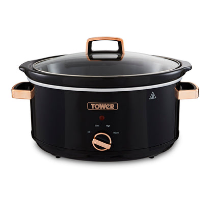 5056032984257 TOWER Rose Gold 6.5 Litre Slow Cooker Black and Rose Gold T16019RG Brambles Cookshop 1