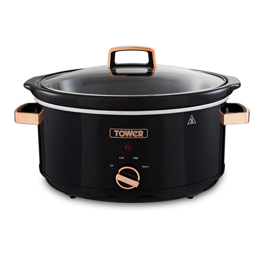 5056032984257 TOWER Rose Gold 6.5 Litre Slow Cooker Black and Rose Gold T16019RG Brambles Cookshop 1