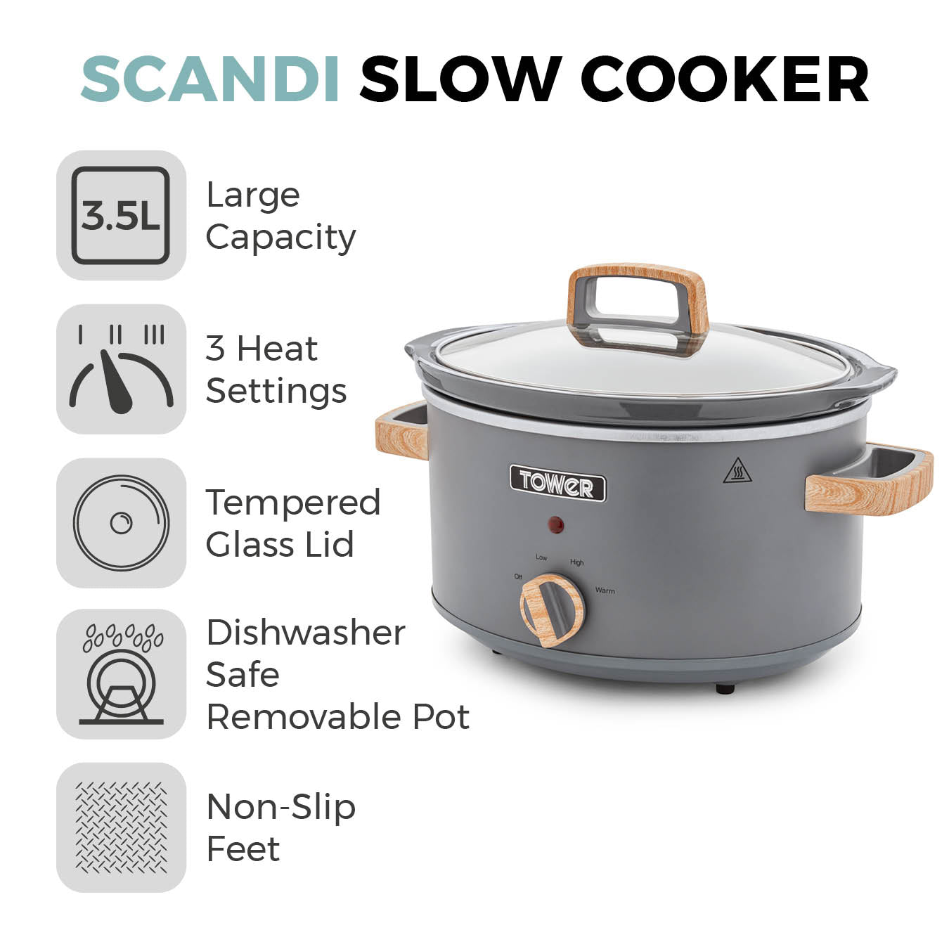 5056032962507 TOWER Tower Scandi 3.5 Litre Stainless Steel Slow Cooker T16034GRY Brambles Cookshop 2