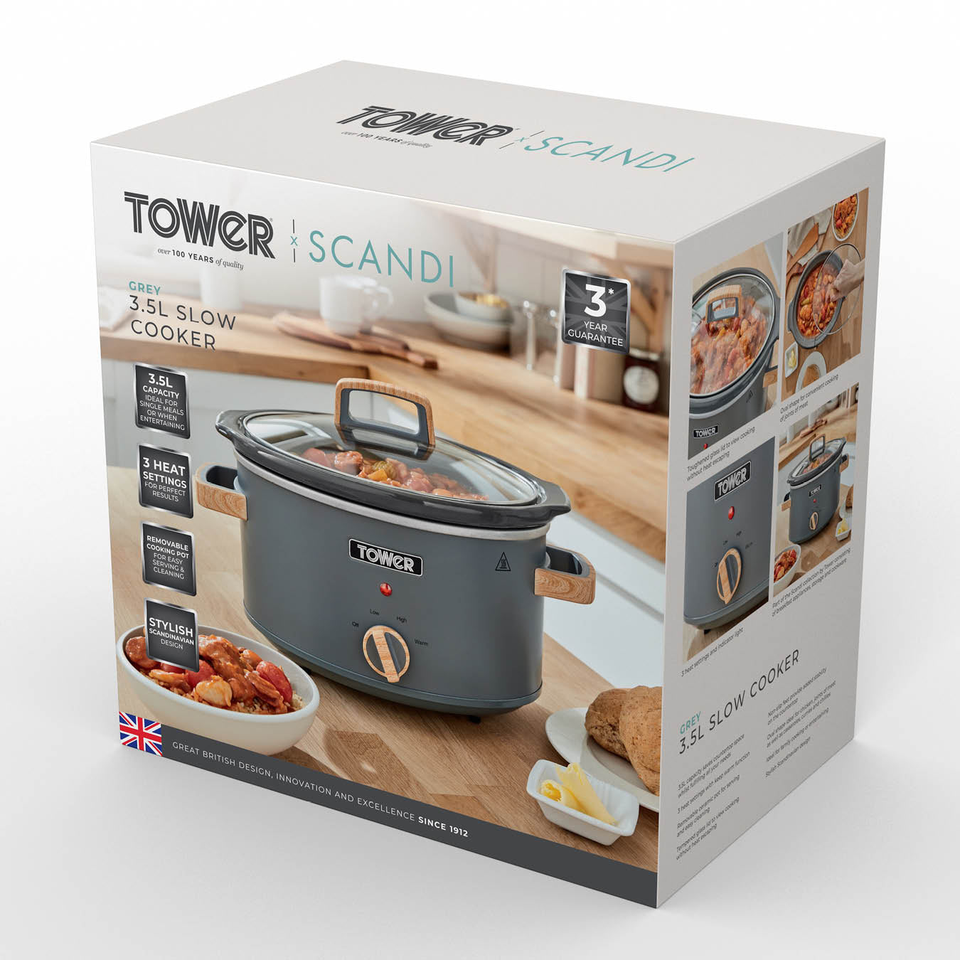 5056032962507 TOWER Tower Scandi 3.5 Litre Stainless Steel Slow Cooker T16034GRY Brambles Cookshop 12