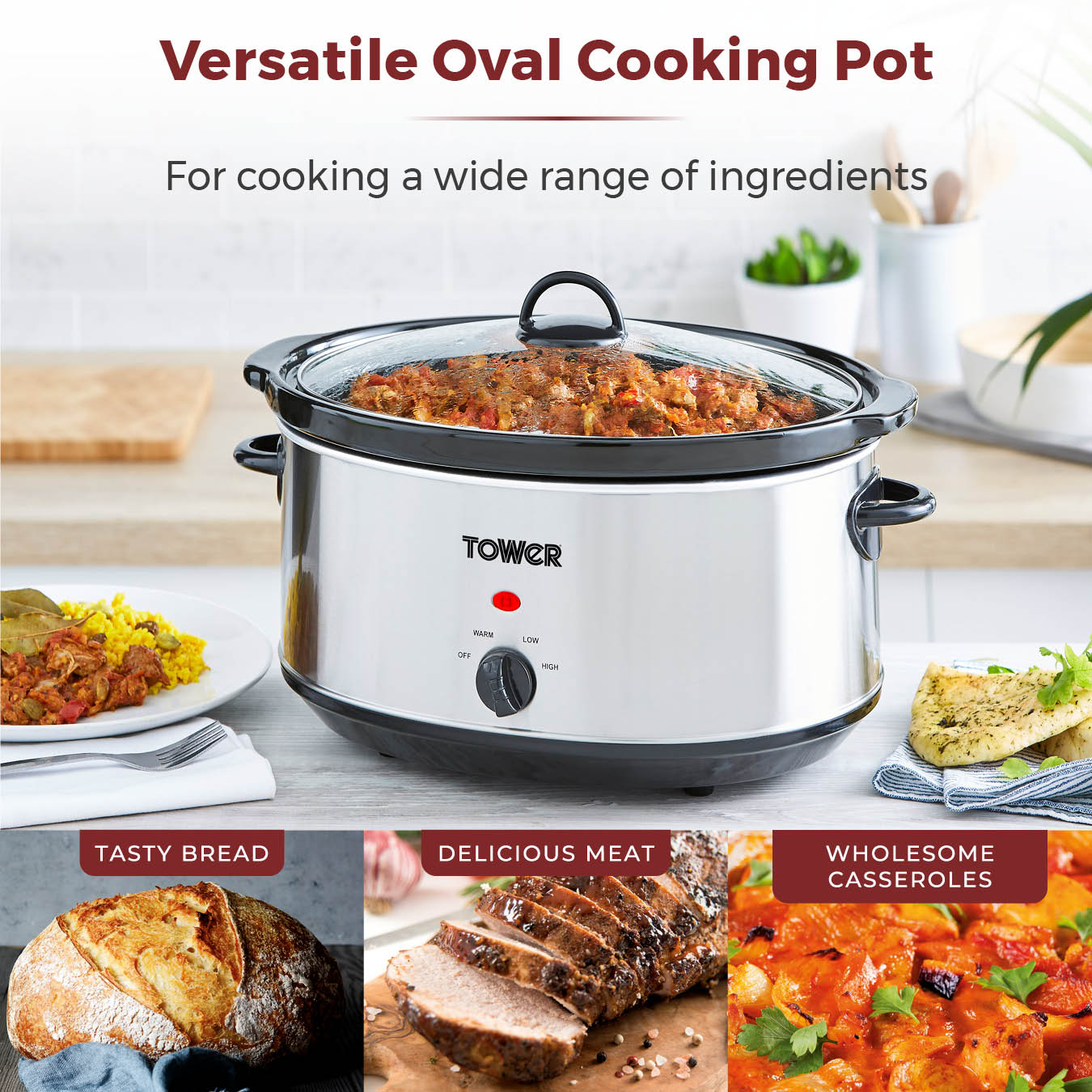 5056462363127 TOWER 6.5L S/S Slow Cooker Stainless Steel Black Handles T16040Y Brambles Cookshop 5