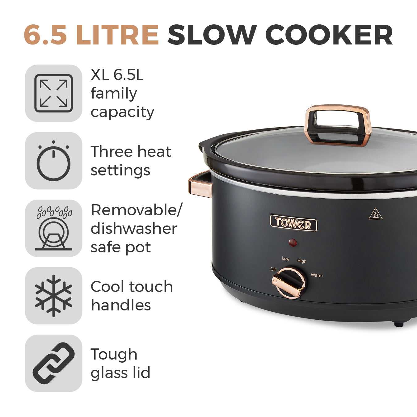 5056462300443 TOWER Cavaletto 6.5 Litre Slow Cooker Black T16043BLK Brambles Cookshop 2