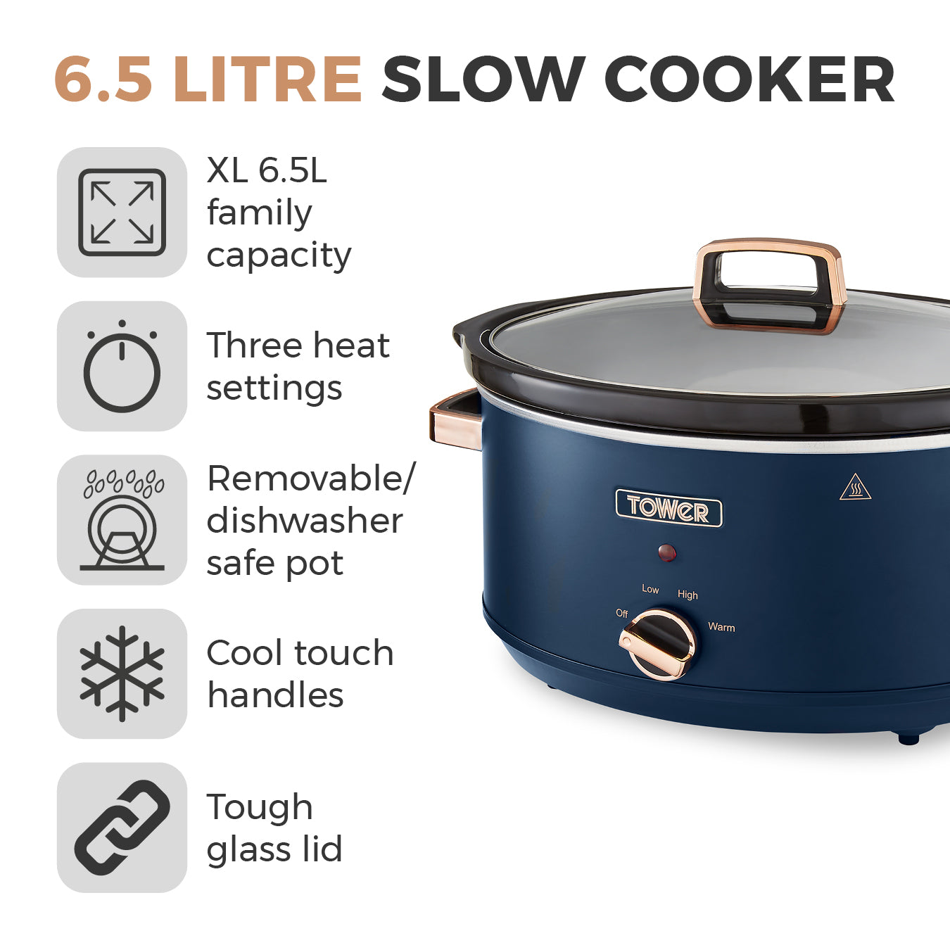 5056462300467 TOWER Cavaletto 6.5 Litre Slow Cooker Midnight Blue T16043MNB Brambles Cookshop 2