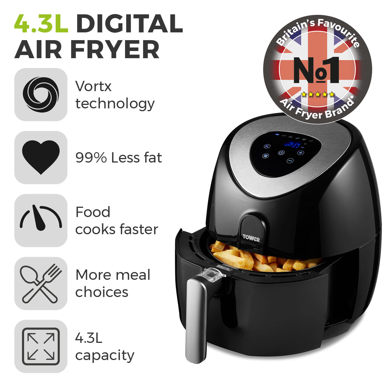 5056032925434 TOWER 1500W 4.3 Litre Digital Air Fryer T17024 Brambles Cookshop 2