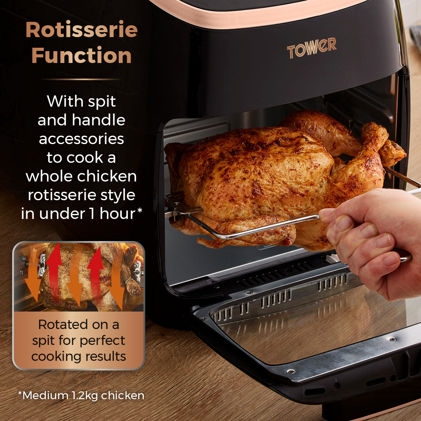 5056032967977 TOWER Xpress Pro 2000W 11 Litre 5-in-1  Rose Gold Digital Air Fryer Oven with Rotisserie T17039RGB Brambles Cookshop 3