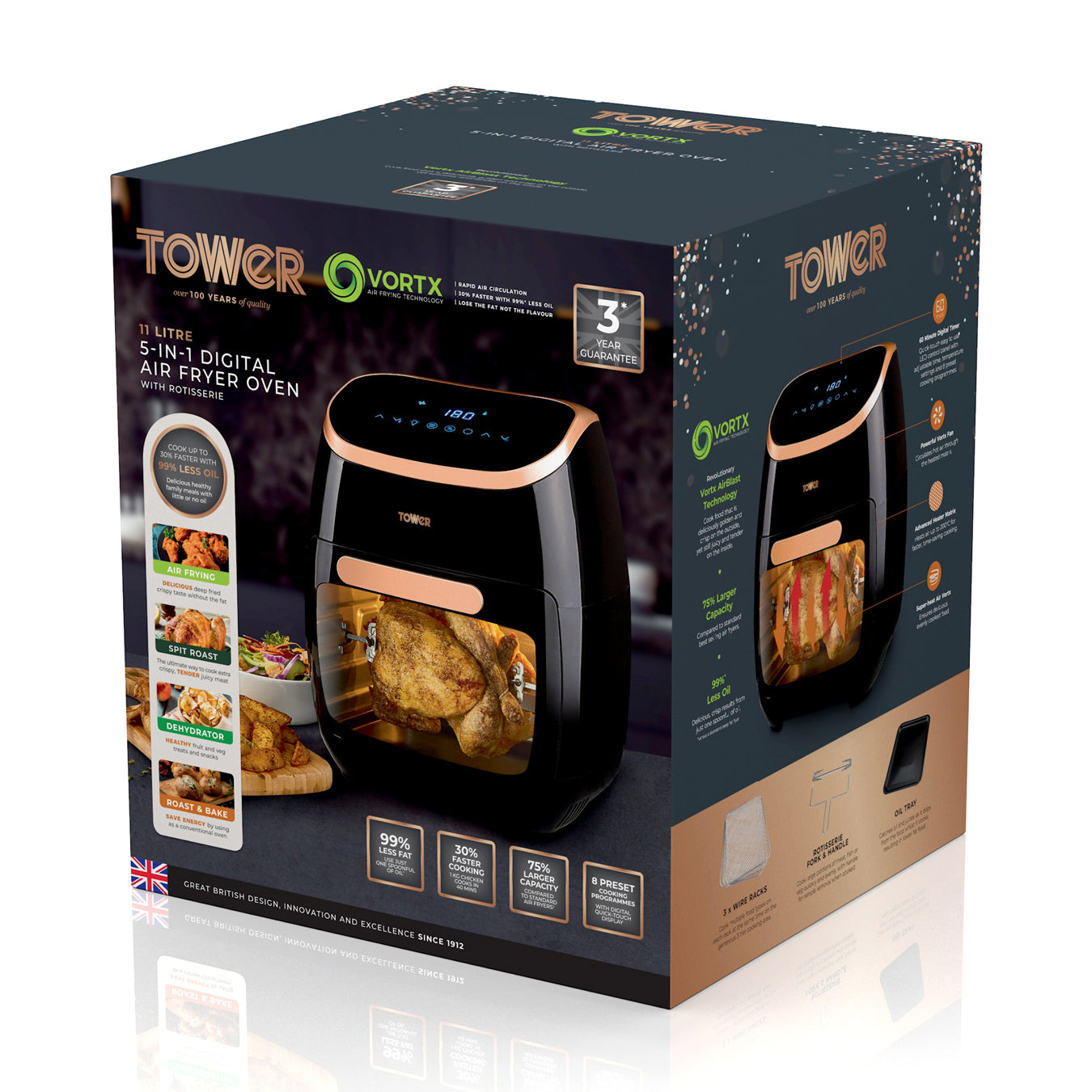 5056032967977 TOWER Xpress Pro 2000W 11 Litre 5-in-1  Rose Gold Digital Air Fryer Oven with Rotisserie T17039RGB Brambles Cookshop 12