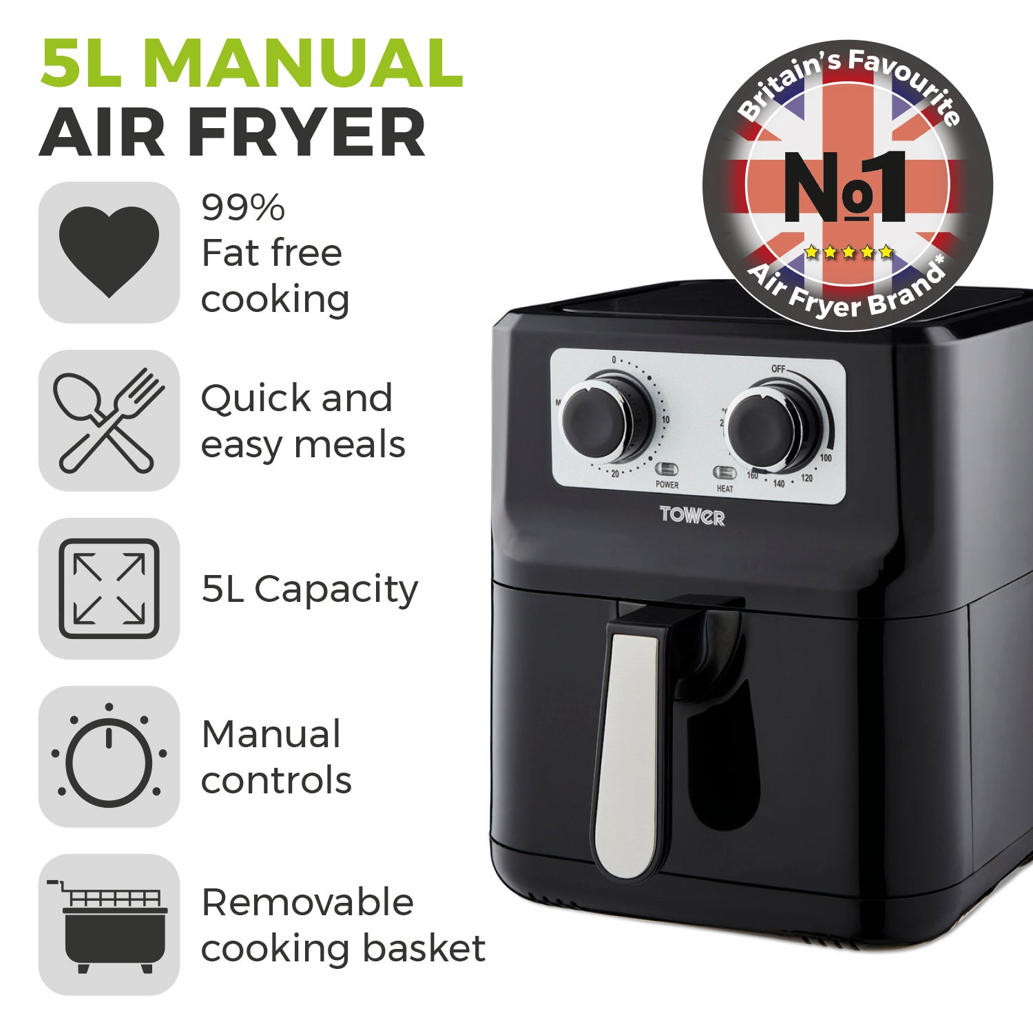 5056462313795 TOWER Vortx 5L Manual Single Basket Air Fryer Black T17090 Brambles Cookshop 2