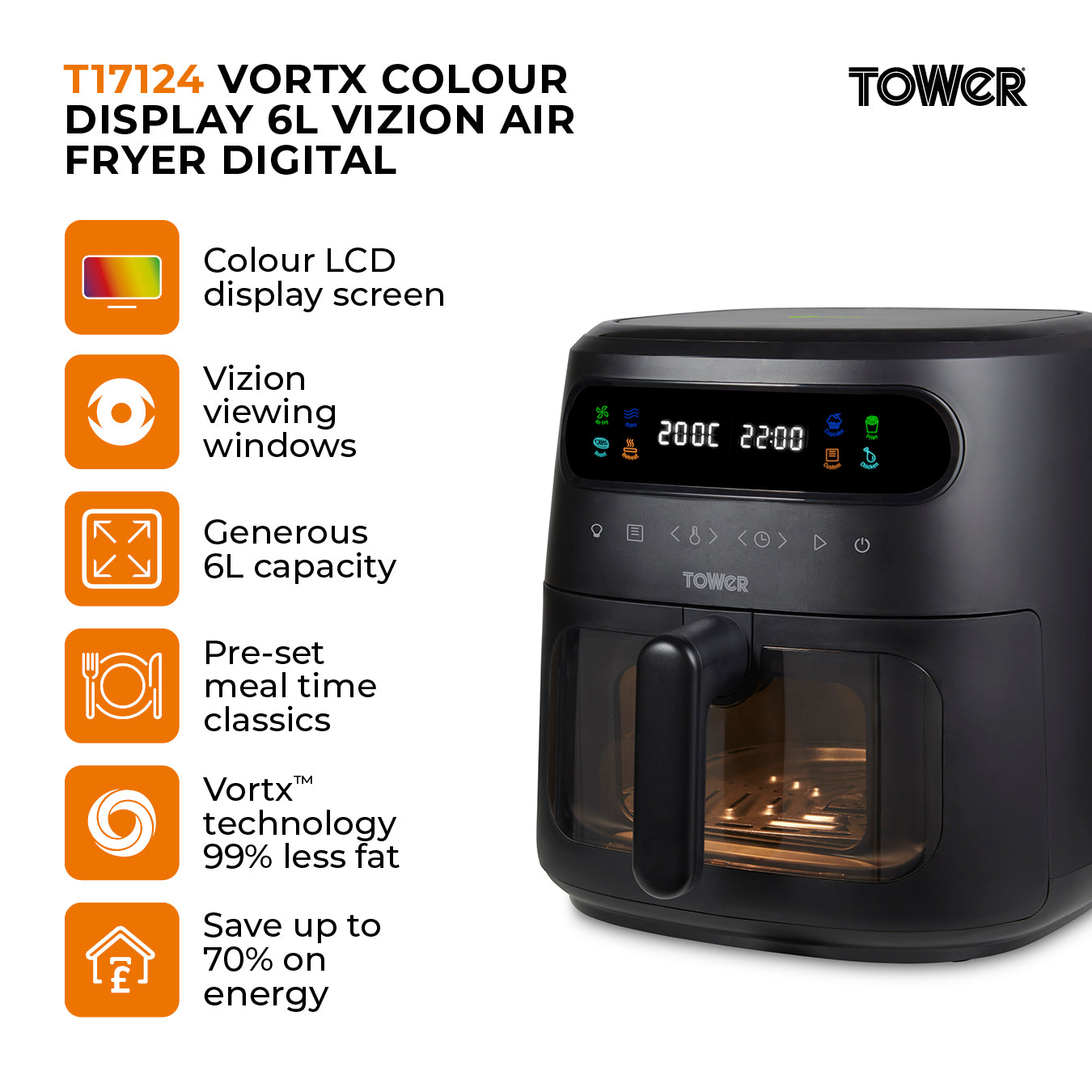 5056462355276 TOWER Vortx Vizion 6L Air Fryer with Colour Display Digital T17124 Brambles Cookshop 2