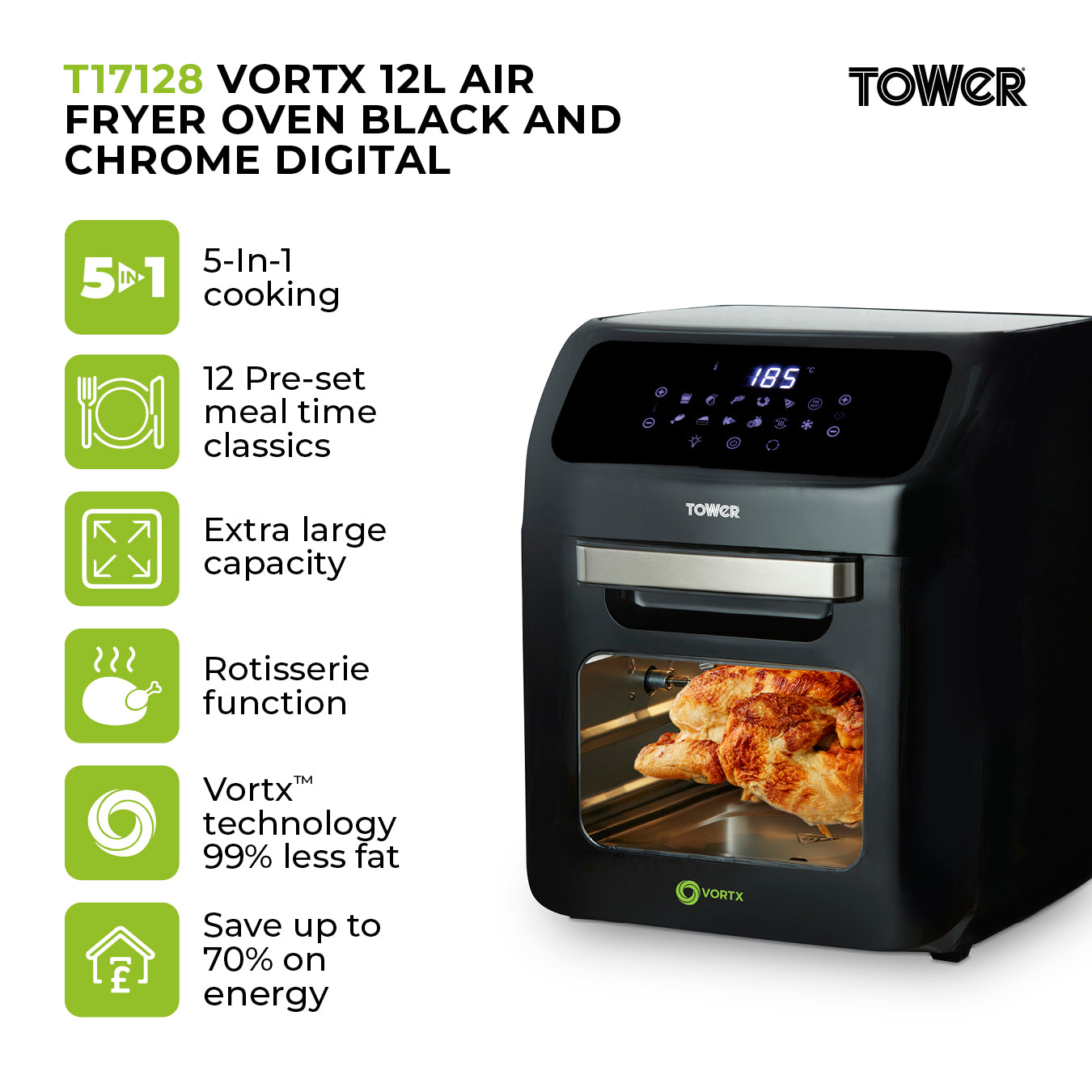 5056462360027 TOWER Vortx 12L Air Fryer Oven Black and Chrome Tower Website Exclusive T17128 Brambles Cookshop 2