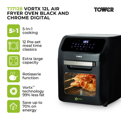 5056462360027 TOWER Vortx 12L Air Fryer Oven Black and Chrome Tower Website Exclusive T17128 Brambles Cookshop 2