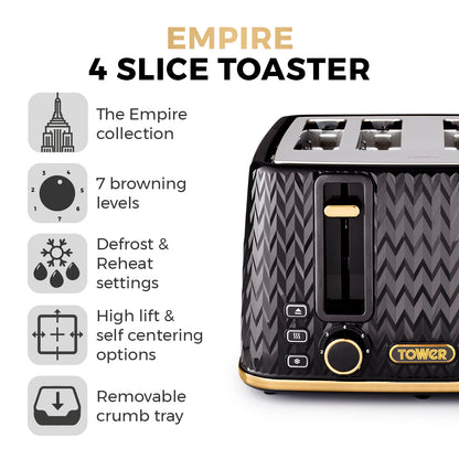 5056032985421 TOWER Empire 4 Slice Toaster Black with Brass Accents T20061BLK Brambles Cookshop 2