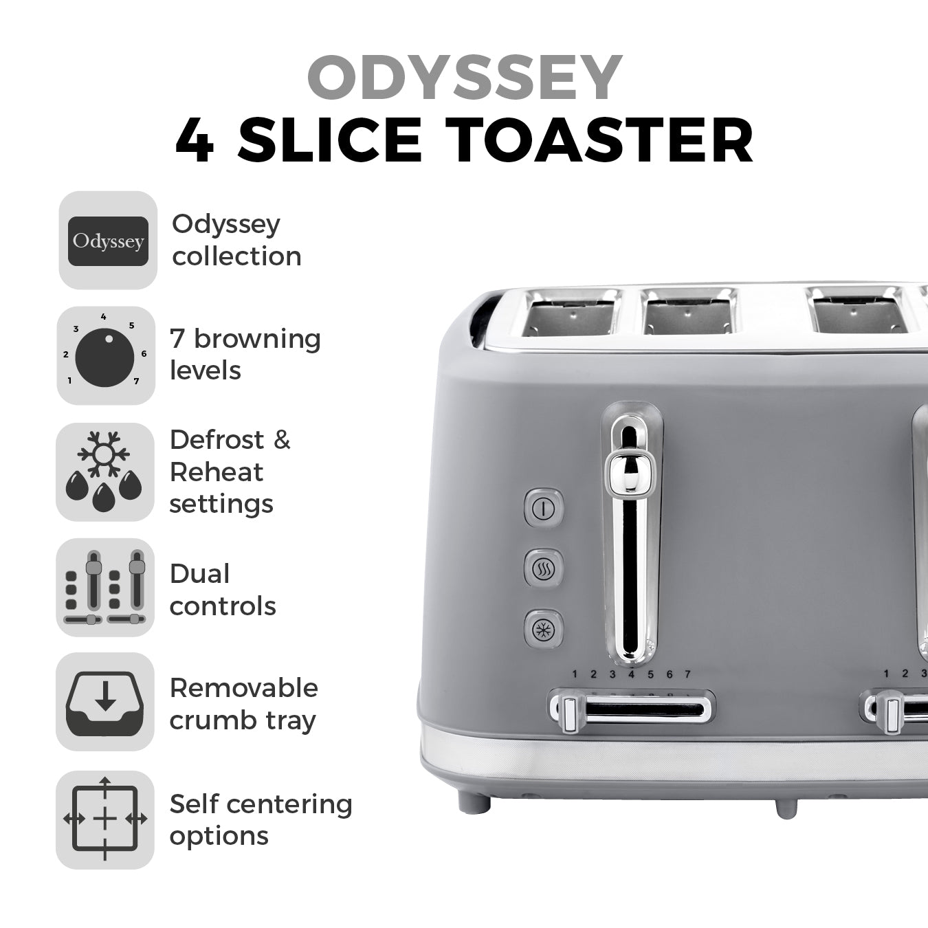 5056462308050 TOWER Odyssey 4 Slice Toaster Grey with Chrome Accents T20071GBF Brambles Cookshop 2