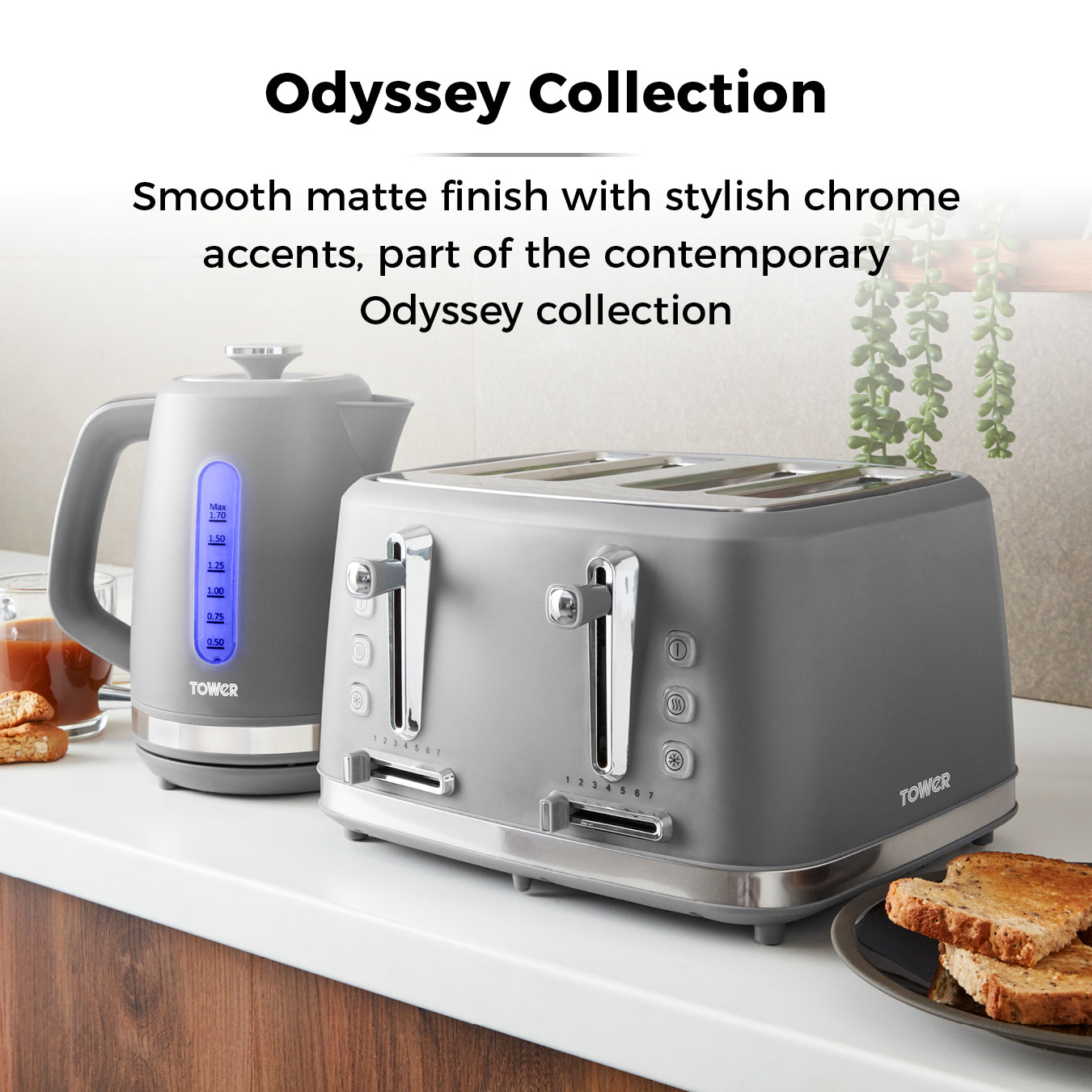 5056462308050 TOWER Odyssey 4 Slice Toaster Grey with Chrome Accents T20071GBF Brambles Cookshop 3