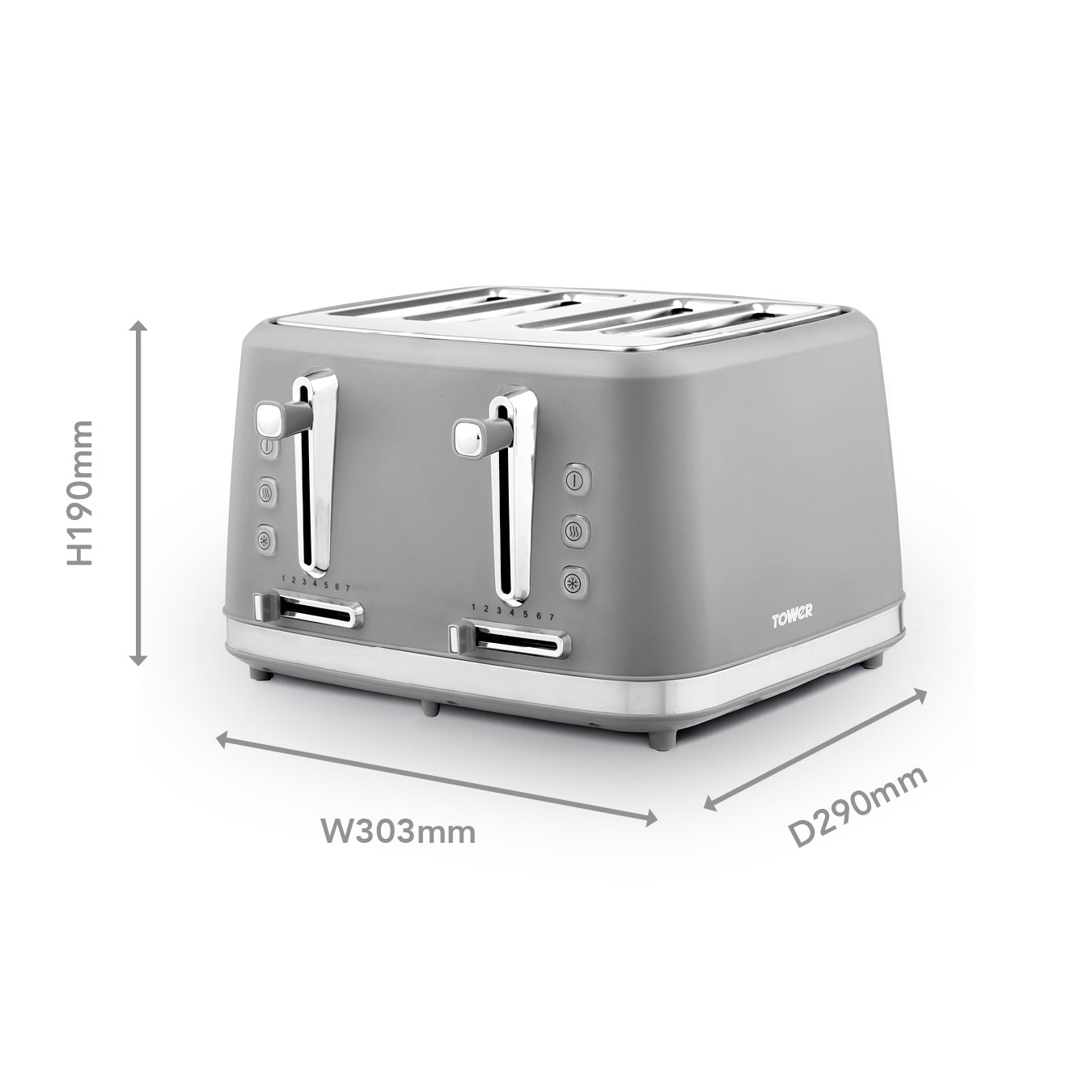 5056462308050 TOWER Odyssey 4 Slice Toaster Grey with Chrome Accents T20071GBF Brambles Cookshop 9