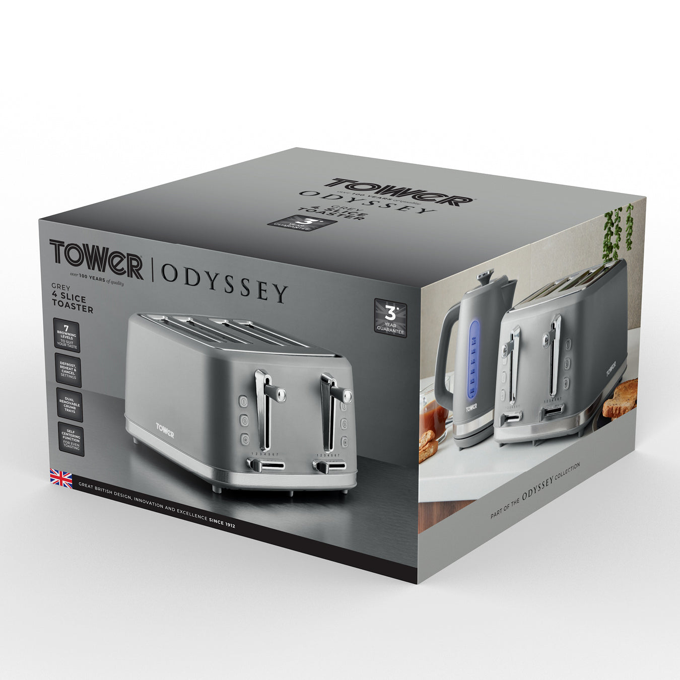 5056462308050 TOWER Odyssey 4 Slice Toaster Grey with Chrome Accents T20071GBF Brambles Cookshop 11